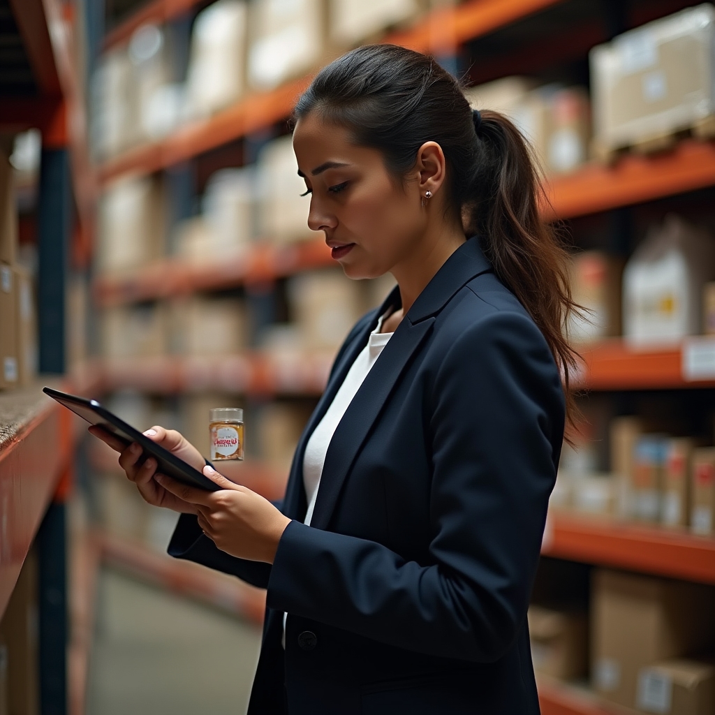 Consultant inspecting product expiry dates on warehouse shelves