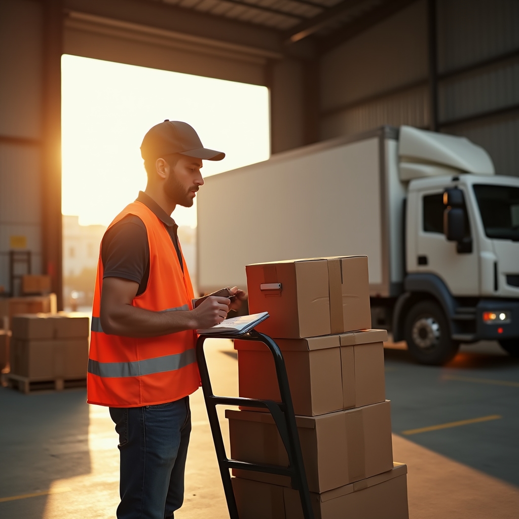 Warehouse worker receiving and checking incoming merchandise delivery