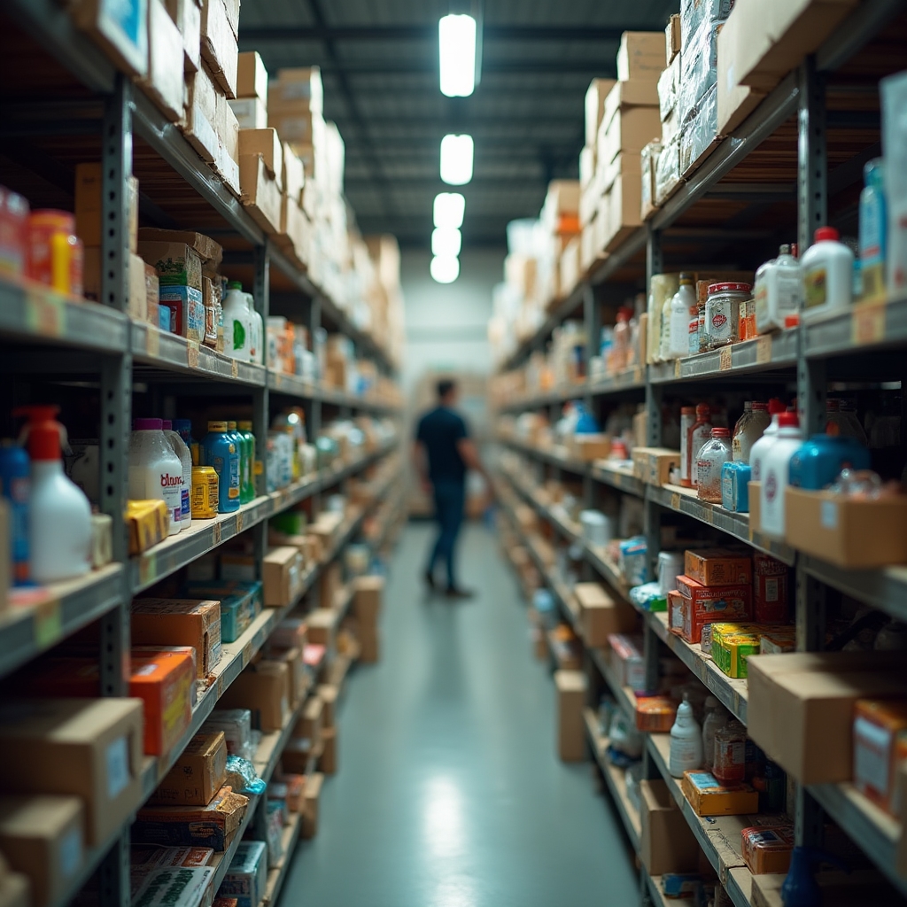 Disorganized warehouse shelves with mixed products