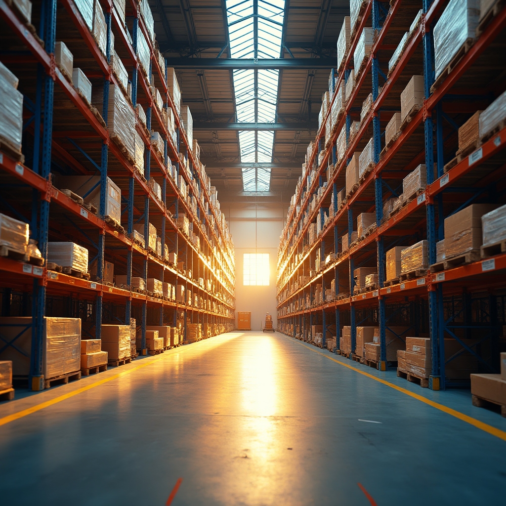 Organized warehouse with clear labeling and structured shelving